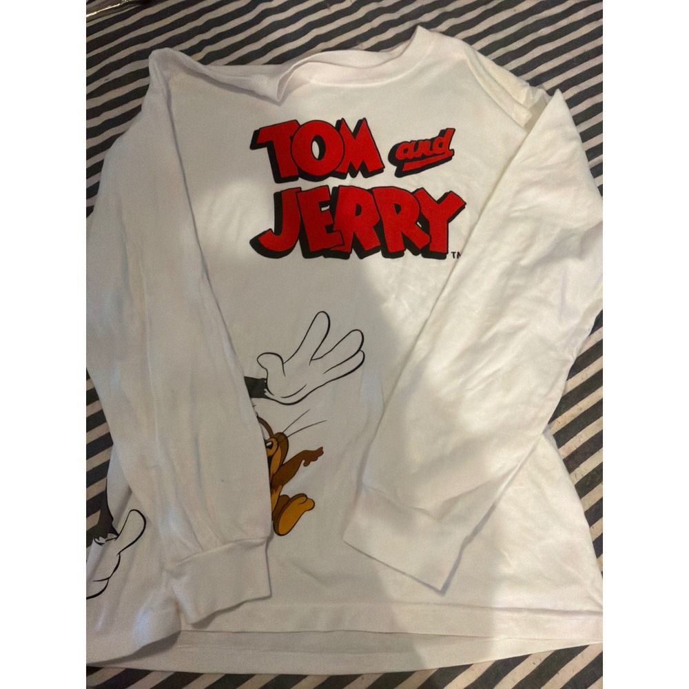 Hanna-Barbera Tom and Jerry White Long Sleeve Graphic T-Shirt Mens Small Retro